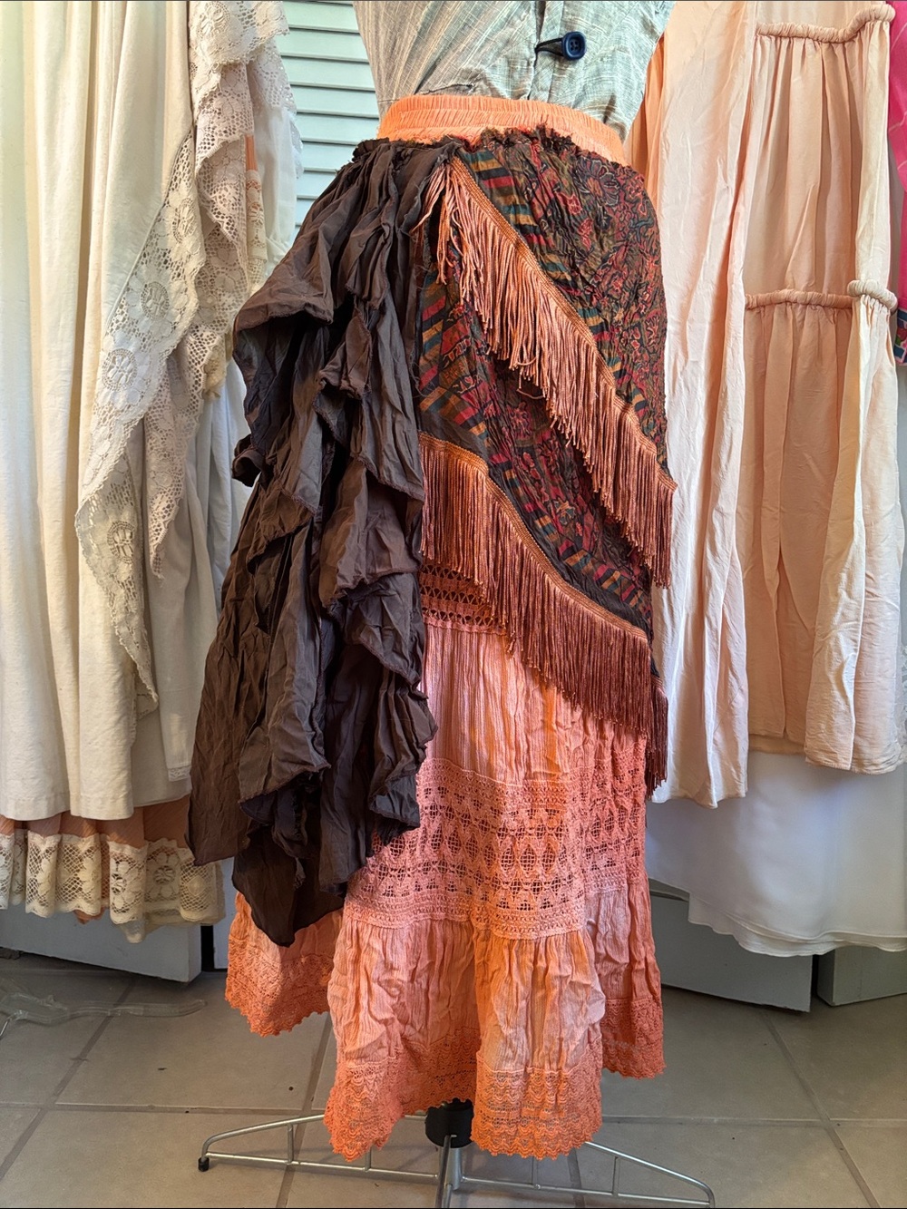 Boho Tiered fringe handmade gypsy festival bohemian Maxi Skirt Peach Brown